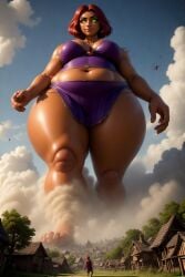 ai_generated bbw castle dc fairytale giantess green_eyes high_angle_view looming_over medieval perchance_ai purple_loincloth red_hair starfire tamaranean tan_skin village