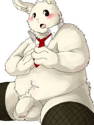 1boy 4_fingers anthro balls blush chubby clothing donguri flaccid fur humanoid_penis lagomorph legwear male male_only mammal necktie open_mouth penis rabbit simple_background sitting solo stockings uncut white_fur