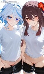 2girls ai_generated artist_name black_shorts blue_eyes blue_hair blush brown_hair dripping_pussy explicit_pussy furina_(genshin_impact) genshin_impact heterochromia hu_tao_(genshin_impact) large_breasts light_blue_hair long_hair looking_at_viewer nipples nude partially_clothed pussy_juice red_eyes shineinsfw shiny_skin shirt_lift shorts_down smile sweat wet_skin white_t-shirt
