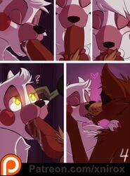 2015 animal_genitalia animatronic anthro black_nose blowjob canine canine_penis claws closed_eyes comic duo erection fellatio female five_nights_at_freddy's five_nights_at_freddy's_2 fox foxy_(fnaf) french_kiss fur genitals glowing glowing_eyes hook hook_hand kissing knot machine male mammal mangle_(fnaf) open_mouth oral oral_penetration penetration penis penis_in_mouth pink_claws pink_fur precum red_fur red_penis robot rosy_cheeks saliva sex straight teeth tongue tongue_out tongue_out_blowjob video_games white_fur xnirox yellow_eyes