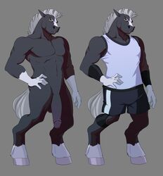 1boy 2015 abs amber_eyes anthro balls biceps black_fur bulge clothing equine flashspot full-length_portrait full_length fur grey_hair hair hooves horse looking_at_viewer lucius_gabriel male male_only mammal model_sheet muscular nude penis portrait shirt shorts simple_background solo standing white_fur