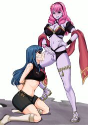 1female 1futa armlet bikini black_bikini black_sclera black_shorts blue_hair caeda_(fire_emblem) captured captured_heroine celica_(fire_emblem) clothed corrupted corruption crop_top cumming cumshot cumshot_on_face daisy_dukes decox fefex female fire_emblem fire_emblem:_mystery_of_the_emblem fire_emblem:_shadow_dragon_and_the_blade_of_light fire_emblem_echoes:_shadows_of_valentia fire_emblem_heroes futa_on_female futa_with_female futanari hands_behind_back hands_tied hands_tied_behind_back hot_pants intersex kneeling masturbation official_alternate_costume purple_skin red_iris sandals short_shorts shorts sports_shorts swimsuit swimsuit_aside thigh_strap veins witch witch_(fire_emblem)