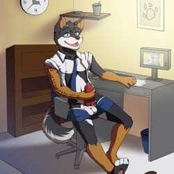 1boy 4_toes animal_genitalia anthro balls canine chair clock clothed clothing computer desk eyewear glasses half-dressed knot male male_only mammal masturbation myiko necktie nipples office office_chair open_mouth penile_masturbation penis precum public shiba_inu sitting solo toes watching_porn