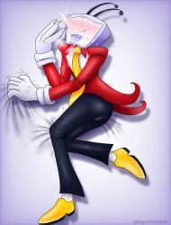 2025 antennae_(anatomy) ass blush blush bulge_through_clothing claws deltarune deltarune_chapter_3 fangs full_body fully_clothed gloves grabbing grabbing_sheets long_nose object_head purple_background simple_background steamy_breath suit_and_tie sweat tenna_(deltarune) tie toby_fox tounge_out trembling tv tv_head