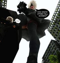 1boy 1girls 3d blindfold breasts city clothing conqueringgoblin english_text female giantess light-skinned_female light-skinned_male light_skin low-angle_view macro male nier nier:_automata short_hair size_difference text thighhighs upskirt white_hair yorha_2b yorha_9s