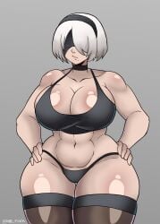 2b_(nier:automata) ass ass_bigger_than_head belly belly_button big_ass big_breasts big_butt big_thighs breasts breasts_bigger_than_head eyes_covered female female_focus female_only hands_on_hips huge_ass huge_breasts huge_butt light_skin milf mr_foxy15 muscular_female nier:_automata panties short_hair stockings topwear visor white_hair yorha_2b