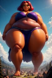 ai_generated bbw castle dc fairytale giantess green_eyes high_angle_view looking_at_viewer looming_over medieval perchance_ai purple_loincloth red_hair starfire tamaranean tan_skin village