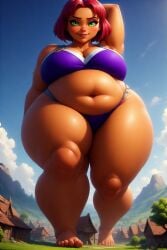 ai_generated arm_up armpit_hair bbw castle dc fairytale giantess green_eyes high_angle_view medieval perchance_ai purple_loincloth red_hair starfire tamaranean tan_skin village