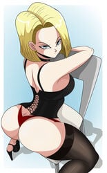 1girls android android_18 ass ass_cleavage blonde_hair breasts butt_crack choker dragon_ball dragon_ball_z earrings eye_contact female female_only high_heels large_ass looking_at_viewer platform_heels shoes short_hair shounen_jump sitting sitting_on_chair solo solo_female sonson-sensei thick_ass thick_thighs thighhighs thighs thong