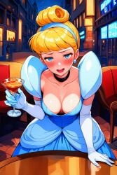 1girls ai_generated alcohol bar_(place) breasts cinderella_(1950_film) cinderella_(disney) city city_background cityscape cocktail disney disney_princess downblouse dress drunk female female_only gloves looking_at_viewer martini martini_glass nai_diffusion night novelai opera_gloves solo solo_female stable_diffusion white_gloves