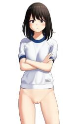 >:( :< black_hair blue_trim blush bottomless breasts brown_eyes cleft_of_venus cowboy_shot crossed_arms female gym_shirt gym_uniform highres looking_at_viewer maburu_(lojyq1eur3e8bit) medium_breasts medium_hair original pussy shirt short_sleeves simple_background solo standing straight_hair swept_bangs thigh_gap v-shaped_eyebrows white_background white_shirt