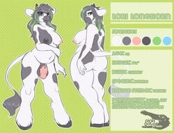 1futa abstract_background anthro ass balls big_breasts black_hair blue_eyes bovine breasts chubby dickgirl english_text flaccid freckles futanari green_eyes hair heterochromia hooves horn intersex lori_longhorn mammal model_sheet nipples nude penis pose seamen smile solo text wide_hips