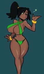 1girls beauty_mark big_breasts breasts dark-skinned_female dark_skin female furiousart gold_bracelet green_eyes imani_(zrfurious) kissing mole mole_(marking) mole_on_cheek mole_under_eye ponytail smooch swimsuit thick_thighs thighs zrfurious