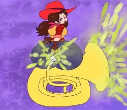 big_ass big_butt commission fanning fanning_self fart farting farting_at_viewer jeans kirbyoblue1 mario_(series) nintendo pauline pauline_(mario) tuba yoshizilla