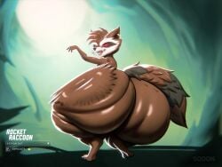 2025 absurd_res anthro ass big_butt black_nose brown_body brown_fur butt_slap empty_eyes english_description fangs fur gold_ear_ring guardians_of_the_galaxy hi_res looking_back male mammal marvel marvel_comics marvel_rivals mohawk nude_anthro nude_male open_mouth procyonid raccoon rear_view red_eyes rocket_raccoon rocket_raccoon_(marvel_rivals) slap solo sqoon tail teeth