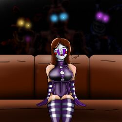 1girl5boys charlie_emily couch female five_nights_at_freddy's makeup male meme nightmare_bonnie nightmare_foxy nightmare_freddy pre_sex puppet_(fnaf) scared_expression