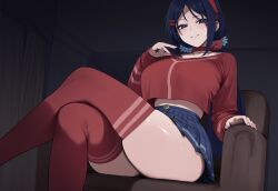 1girl ai_generated blush couch crossed_legs grin hair_ornament hairclip looking_at_viewer miside mita_(miside) pleated_skirt red_legwear scrunchie sitting skirt smile solo thighhighs thighs truck-kun_art truck_kun twintails