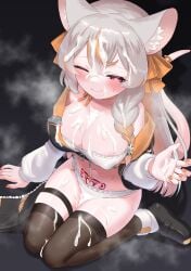 annoyed blush bra braid braided_hair breasts cum cum_between_breasts cum_between_thighs cum_on_breasts cum_on_clothes cum_on_face cum_on_hair cum_on_hand cum_on_leg cumming emoji female female_only flower_in_hair grey_hair heart-shaped_pupils leggings looking_at_viewer makeoshimi mole mole_on_breast one_eye_closed orange_eyes painted_nails panties rat_ears rat_girl rat_tail ratsukare ribbon_choker skirt_removed smiling sweat tail tail_ribbon vtuber womb_tattoo