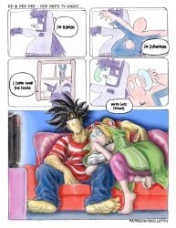 1boy 1boy1girl 1girls baman_piderman black_hair blonde_hair blue_eyes cartoon_network dee_dee_(dexter's_laboratory) dexter's_laboratory ed_(ed_edd_n_eddy) ed_edd_n_eddy fanart feet female freckles male muscular muscular_male saiyan skillet91 stupid_looking sucking_thumb thick_female thick_thighs traditional_art traditional_drawing_(artwork) traditional_media_(artwork) tv unibrow watching_television watching_tv