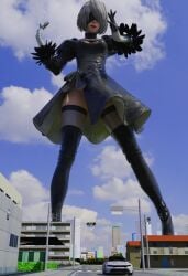 1girls 3d blindfold breasts city clothed clothing conqueringgoblin female giantess light-skinned_female light_skin macro nier nier:_automata short_hair skirt thighhighs white_hair yorha_2b