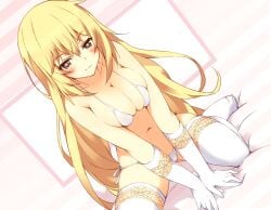 +_+ 10s 1girls 2013 arm_support ass_visible_through_thighs bare_shoulders blonde_hair blush bra breasts brown_eyes cleavage collarbone elbow_gloves female gloves gluteal_fold indoors large_breasts light-skinned_female light_skin long_hair matching_hair/eyes navel okino_ryuuto panties shokuhou_misaki side-tie_panties sitting skindentation solo star-shaped_pupils stomach teenage_girl teenage_tits teenager thighhighs to_aru_kagaku_no_mental_out to_aru_kagaku_no_railgun to_aru_majutsu_no_index underwear underwear_only unusual_anatomy unusual_pupils wariza young young_female