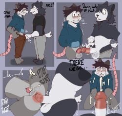 2025 3_panel_comic american_opossum anal anal_sex anthro balls blush bodily_fluids canid canine chastity_cage chastity_device circumcised circumcision_scar clothing colored comic cum cum_in_chastity_cage cum_on_clothing cum_on_face cum_while_penetrated dialogue digital_media_(artwork) duo ejaculating_on_another ejaculation english_text erection genital_fluids genital_scar genitals hi_res humiliation knightferret male male/male mammal marsupial nervous penetration penile penis penis_humiliation penis_size_difference penises_touching plap pulling_pants_down scar small_balls small_penis_humiliation sweat sweatdrop text virginia_opossum