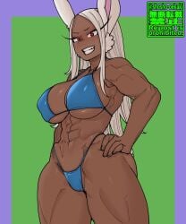 abs bikini blue_bikini bunny bunny_ears bunny_tail dark-skinned_female exposed_midriff female hand_on_hip long_eyelashes long_hair looking_at_viewer mirko miruko muscular muscular_female my_hero_academia red_eyes rumi_usagiyama shosho_oekaki shueisha simple_background smiling smiling_at_viewer teeth thick_thighs white_hair