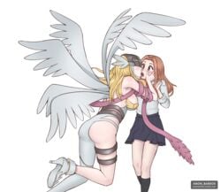 2girls 6_wings angel angel_wings angewomon anon_bardos blonde_hair brown_hair digimon digimon_adventure_tri. female female_only french_kiss french_kissing fully_clothed kiss kissing long_hair mask mimi_tachikawa schoolgirl skirt surprised wings yuri