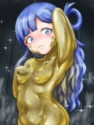 armpits asari_nanami blue_eyes blue_hair bodypaint facepaint gold_paint gold_skin hand_on_own_chest highres idolmaster idolmaster_cinderella_girls navel petrification puffy_nipples shy yaneura_(yaneur)