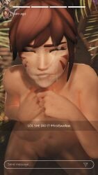 3d 3d_(artwork) after_fellatio after_sex breasts brown_hair closed_eyes cum cum_in_mouth cum_on_face cum_outside cum_swallow d.va english_text facial female instagram kiriko_(overwatch) mole mole_on_breast multiple_moles nipples overwatch small_breasts variant_set whisker_markings zmsfm