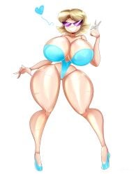 1girls after_transformation ass ass_expansion beach blonde_hair blue_high_heels breasts female genderswap_(mtf) high_heels huge_ass huge_breasts knick_knack male male_to_female narrow_waist one_piece_swimsuit post-transformation purple_sunglasses rule_63 slemka smile smiling solo sunglasses sunnification thighs transformation wide_hips