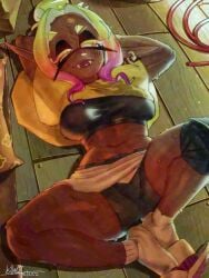 1girls arms_behind_head artist_name bike_shorts black_bra blonde_hair blush bra breasts dark-skinned_female dark_skin domino_mask fangs female fish_hook_earrings frye_(splatoon) frye_(splatoon_raiders) gradient_hair half-closed_eyes highres inkling inkling_girl killartxxx knee_pads long_pointy_ears lying mask medium_breasts midriff multicolored_hair navel nintendo on_back pointy_ears purple_hair red_hair shadow shawl single_knee_pad smile socks solo splatoon_(series) splatoon_raiders spread_legs sweat tentacle_hair toeless_socks underwear white_socks yellow_shawl