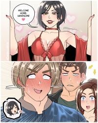 2boys 2girls ada_wong ada_wong_(adriana) black_hair blue_eyes blush brown_eyes brown_hair capcom chris_redfield claire_redfield dangerousbride dialogue embarrassed english_text female funny grin heart heavy_blush leon_scott_kennedy lingerie male narrowed_eyes red_lipstick resident_evil resident_evil_2 resident_evil_2_remake smiling speech_bubble very_high_resolution