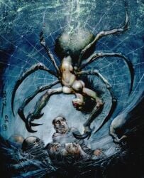 1girls 2006 big_breasts bondage breasts captured drider female female_focus horror male monster_girl nipples simon_bisley skull spider topless traditional_media_(artwork) web