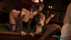 1boy 2560x1440 2girls 3d bar beckoning big_ass big_breasts blender blender_cycles boner_in_pants breasts cleavage clothed_female dead_or_alive dead_or_alive_xtreme_venus_vacation female gamacgx green_eyes kneeling looking_at_partner male pool_table shandy_(doa) sitting tamaki_(doa) teal_hair teasing