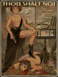 absurdres baby blood blood_splatter breasts english_commentary english_text female golden_shower gun guro highres horror_(theme) medium_breasts menstruation nipples original peeing self-harm self-harm_scar short_hair smoking topless_female vichblen vomiting weapon yuri