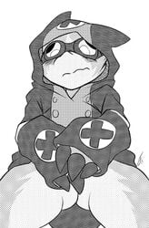 black_and_white blush bottomless clothed clothing covering covering_crotch embarrassed eyewear front_view goggles gremlin_(spiral_knights) half-dressed hoodie kyubikun male male_only monochrome penis screentone signature solo spiral_knights