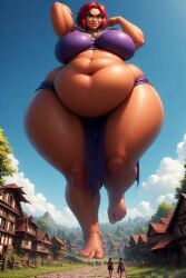 ai_generated angry_expression bbw castle dc fairytale giantess green_eyes high_angle_view medieval perchance_ai purple_loincloth red_hair starfire tamaranean tan_skin village