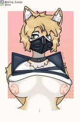 absurd_res anthro big_breasts breasts clothed clothing clothing_lift collar felid feline female female_anthro fur gradient_background gusa hands_behind_back hi_res humanoid looking_away male mammal mask midriff mihoyo mostly_nude multicolored_body multicolored_fur nipple_outline nipples outline partially_clothed pink_nipples pulchra_fellini shirt shirt_lift simple_background solo thick_thighs topwear torso_shot wide_hips zenless_zone_zero