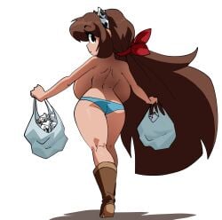 1girls ass back backboob bag black_eyes blue_panties boots breasts brown_footwear brown_hair clothing coolerinker curvy female footwear from_behind grocery_bag hair_ornament hair_ribbon headwear high_heels holding holding_bag huge_breasts inker_comics inkershike kneepits large_breasts long_hair looking_at_viewer looking_back milk mona_(inker_comics) panties pantsu plastic_bag ribbon shoes shopping_bag shortstack smile solo standing thick_thighs thighs topless twintails underwear very_long_hair