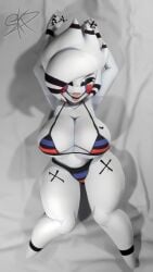 1girls 3d 3d_(artwork) absurd_res alternate_version_available armpits bed bed_sheet big_breasts bikini breasts cally3d clazzey cleavage cryptiacurves curvy fazclaire's_nightclub female female_only five_nights_at_freddy's five_nights_at_freddy's_2 fnaf fredina's_nightclub grin hi_res laying_on_back looking_at_viewer marie_(cally3d) marie_(cryptia) marionette_(fnaf) puppet_(cally3d) puppet_(fnaf) scottgames skelexx skxx_elliot smile striped_bikini swimwear thick_thighs voluptuous wide_hips