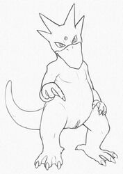 2015 avian beak bird female feral golduck looking_at_viewer monochrome nintendo pencil_(artwork) pointing pokemon presenting pussy simple_background solo standing traditional_media_(artwork) video_games white_background yaroul