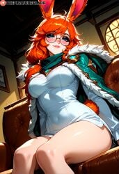 1girls absurd_res ai_generated aurora_(league_of_legends) blue_eyes blush bunny_ears cloak eyeshadow fur_trim ginger glasses half-closed_eyes head_tilt hood_down league_of_legends long_hair looking_at_viewer makeup medium_breasts on_couch orange_hair rabbit_girl rabbit_tail round_glasses sitting smirk solo solo_female solo_focus the_pleasure_glade thick_thighs