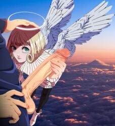 1boy 1boy1girl 1girl 1girls above_clouds angel angel_girl angel_wings big_balls big_penis flying flying_sex halo hana_kurusu handjob high_heels huge_balls huge_cock itadori_yuuji jujutsu_kaisen kurusu_hana sorcerer sun sunrise turtleneck uniform yuuji_itadori