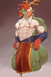 1boy anthro anthro_male antlers bara beard bearded_dragon big_penis braid braided_hair cgu0906 deer_antlers deer_horns dragon dragon_humanoid dragon_tail furry furry_male green_body green_scales hair_ornament heart_symbol horns jewelry loincloth looking_at_viewer male male_anthro male_only massive_penis muscles muscular muscular_anthro muscular_male orange_hair orange_hair_male partially_clothed partially_clothed_anthro partially_clothed_male partially_nude partially_nude_male penis_outline penis_shaped_bulge precum precum_drip precum_string precum_through_clothing red_hands solo tail visible_penis_shape watermark wet_clothes wet_clothing white_body white_scales
