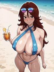 ai_generated alcohol alcoholic_drink areola_slip beach gundam gundam_00 looking_at_viewer pubic_hair sling_bikini sumeragi_lee_noriega sunglasses wet_body wet_skin