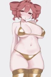 1girls 2d 2d_(artwork) ahoge annoyed annoyed_expression big_breasts bikini breasts curvy curvy_female female female_only gold_bikini golden_bikini golden_week hourglass_figure huge_breasts huge_thighs kasane_teto large_breasts navel plump red_eyes red_hair skindentation slightly_chubby slightly_chubby_female small_bikini solo solo_female thick_thighs thighhighs thighs twin_drills ur_(ur_o_) utau voluptuous voluptuous_female white_background wide_hips