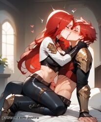 absurd_res ai_generated female green_eyes hi_res highres katarina_du_couteau kissing league_of_legends long_hair ozziru patreon red_hair scar self_upload uncensored