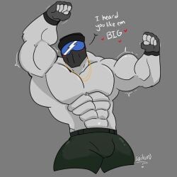 bara bara_tiddies bara_tits buff buff_male flexing flexing_arms flexing_bicep helmet hunk hzin_(lustfulsai) lustfulsai male male_focus male_only muscular muscular_male robot solo solo_focus solo_male text