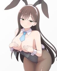 1girls animal_ears bang_dream! bare_arms bare_shoulders black_hair black_leotard blue_necktie blush breasts brown_pantyhose cleavage closed_mouth collarbone covered_groin covering_breasts covering_privates cowboy_shot detached_collar fake_animal_ears fake_tail female green_eyes grey_background hair_between_eyes hairband hanazono_tae hands_up highleg highleg_leotard highres leaning_forward leotard leotard_pull long_hair looking_at_viewer necktie pantyhose playboy_bunny rabbit_ears rabbit_tail ren_0_(044ren) short_necktie simple_background smile solo standing strapless strapless_leotard tail very_long_hair white_hairband wrist_cuffs